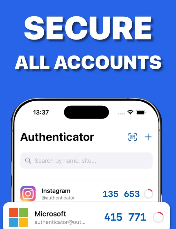 Authenticator App home screen showing OTP codes for Instagram, Microsoft, Google, Reddit, and Facebook accounts